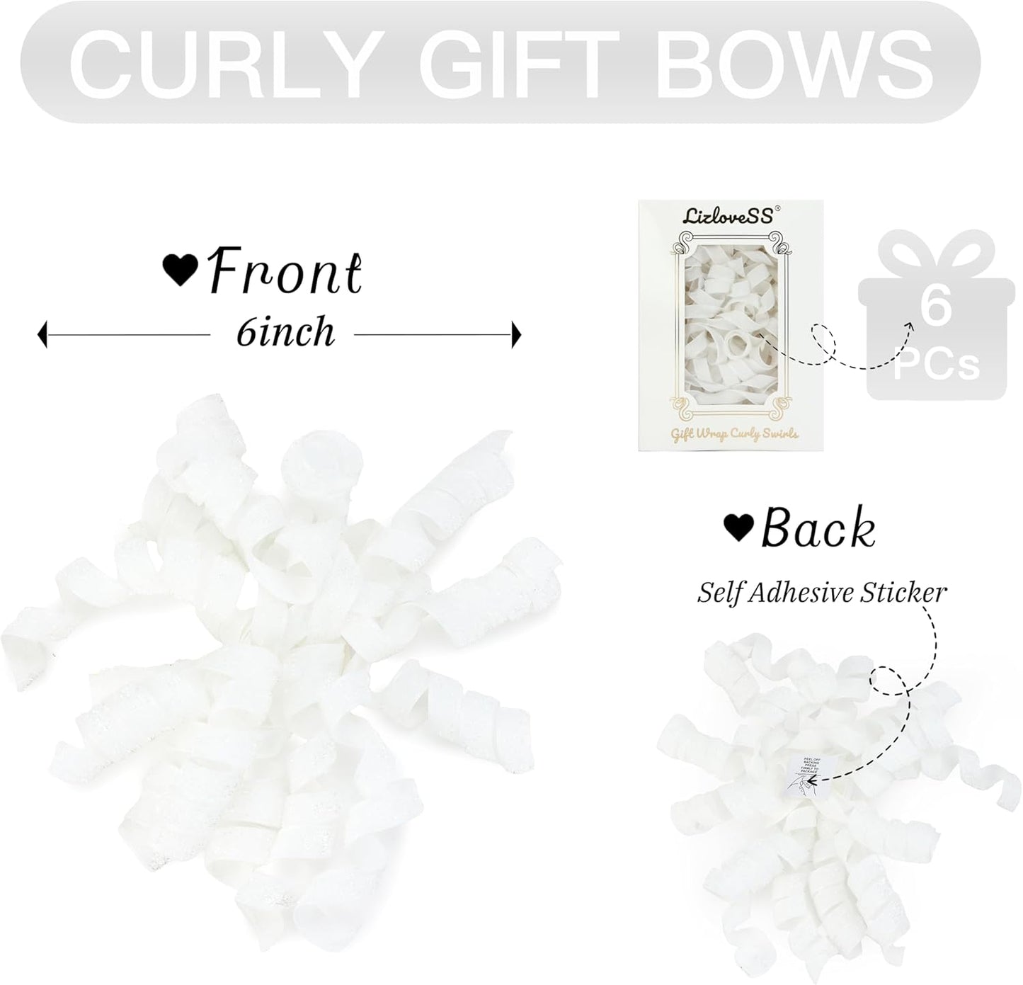 6" Metallic Glitter White Self Adhesive Curly Ribbon Gift Wrap Bows for Christmas, Holiday, Birthday, Wedding, Presents, Party Favors Decorations 6-Count
