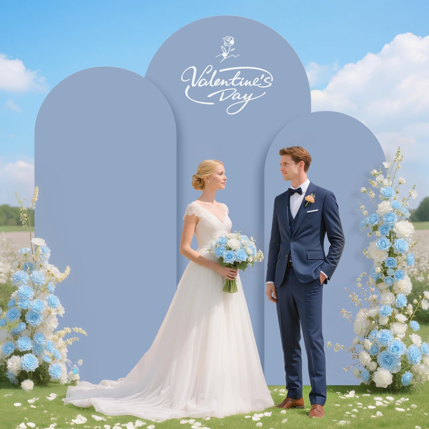 Arch Backdrop Stand and Cover Set of 3 6FT 6.6FT 7.2FT Dusty Blue Spandex Arch Backdrop Covers Set Metal Arch Frame Stand Balloon Arched Covers for Birthday Party Wedding Ceremony Reception