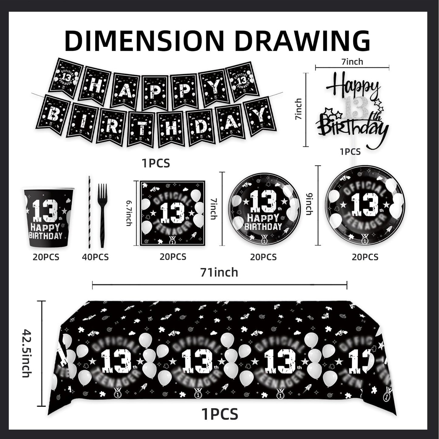 123pcs 13th Party Decorations,13th Silver Black Birthday Banner,Flags,Paper,cups,Straws,Forks,Cake Toppers,Dessert plates,Tablecloths and dinner plates,Officially a Teenager 13th Birthday Supplies