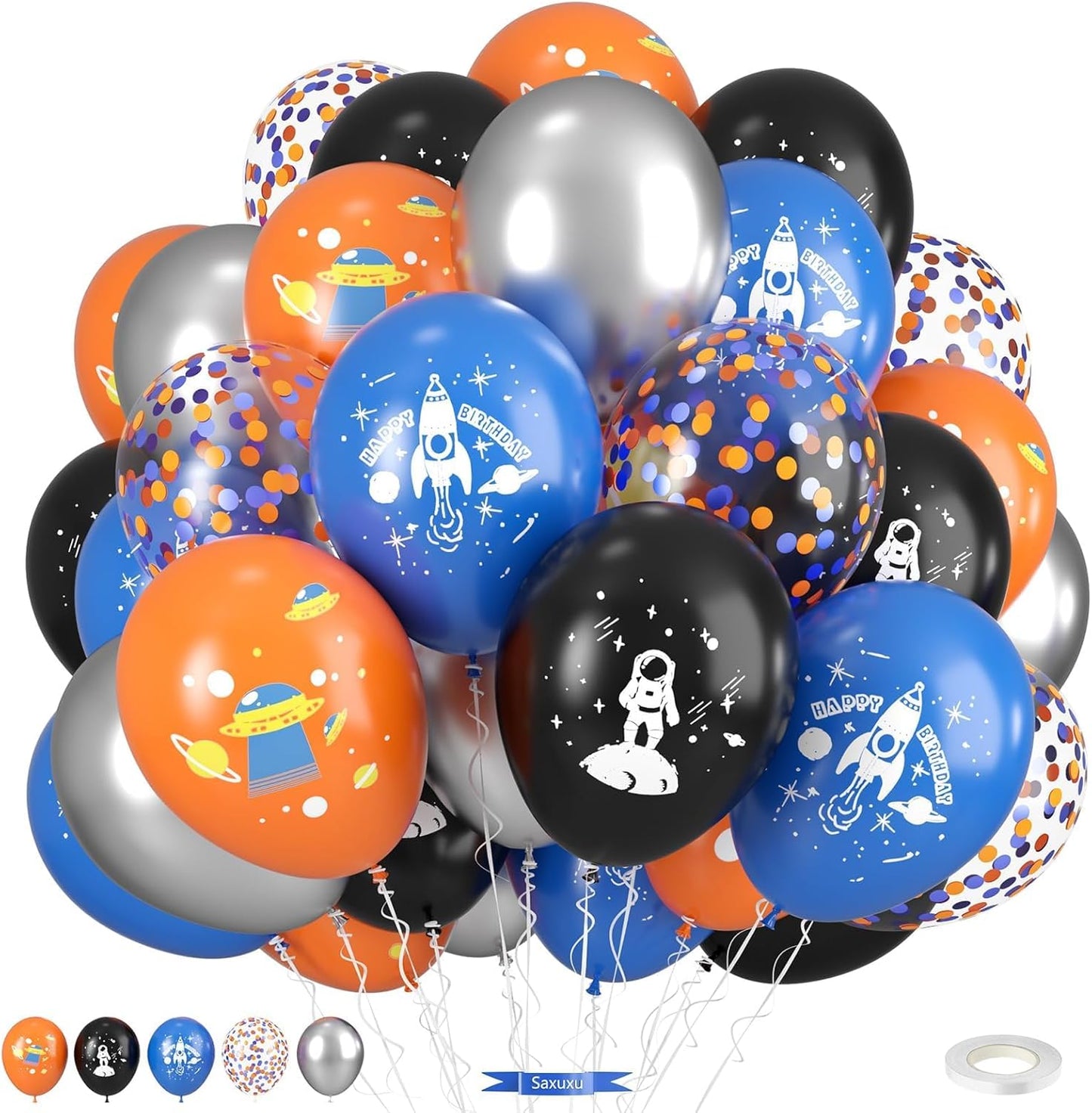 Space Balloons, 12 Inch Blue Black Orange Metallic Silver Confetti Balloons for Boy Space Themed Birthday UFO Party Decorations Baby Shower Graduation Supplies