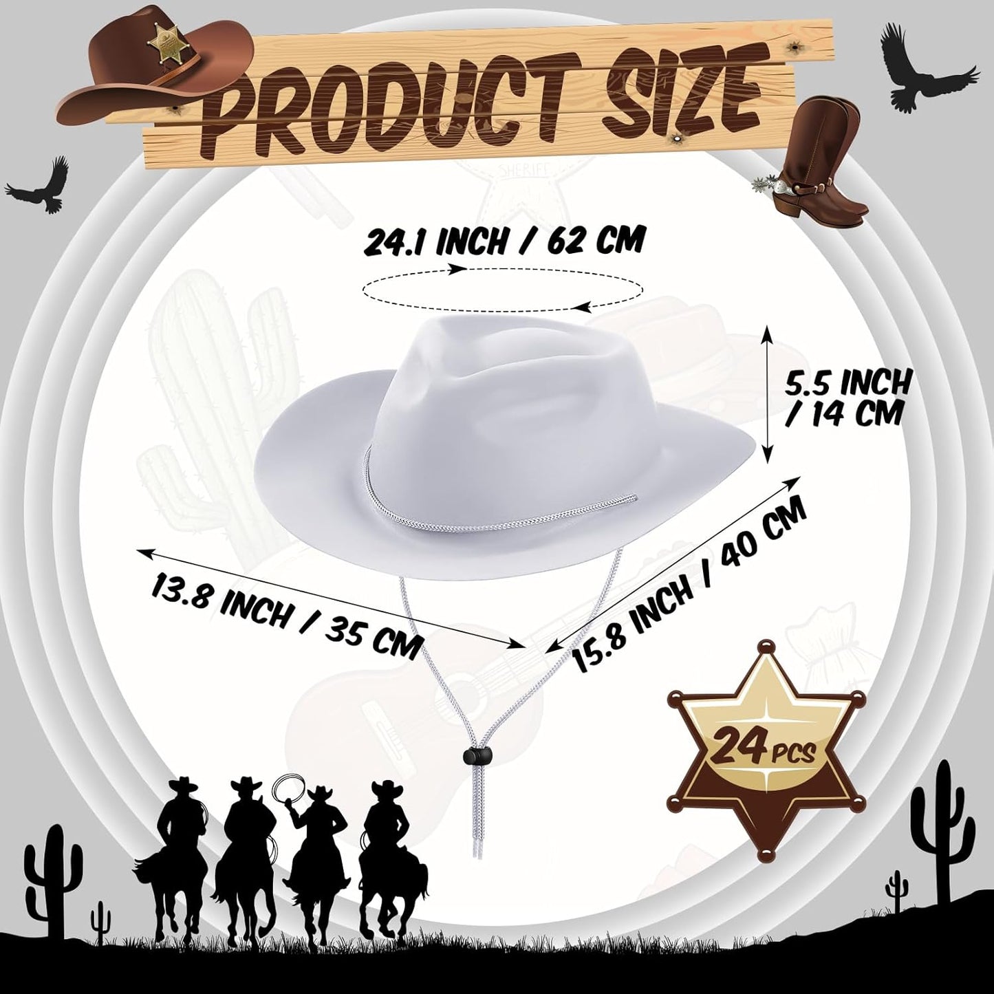 Mepase 24 Pieces Disposable Plastic Western Cowboy Hat Set Felt Wide Brimmed Cowgirl Hats for Men Women Costume Party(White)