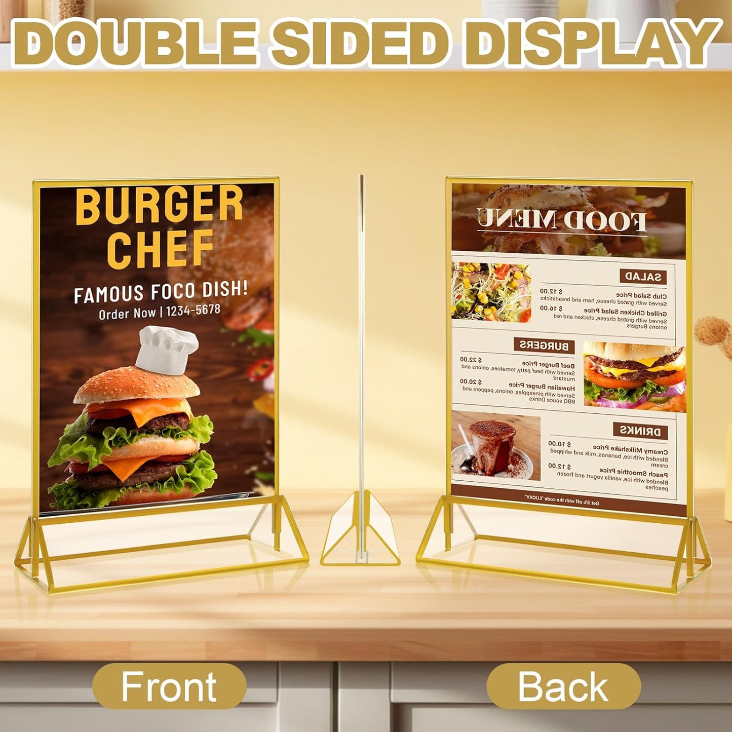 8PCS 5x7" Double-Sided Acrylic Sign Holders, Clear Gold Picture Frames, Table Number Holders with Golden Border for Wedding Reception, Centerpiece, Decoration, Party