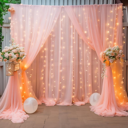 30×10ft Peach Tulle Backdrop Curtain with Lights String for Parties, Sheer Curtain Backdrop Drapes for Wedding Party Home Decorations