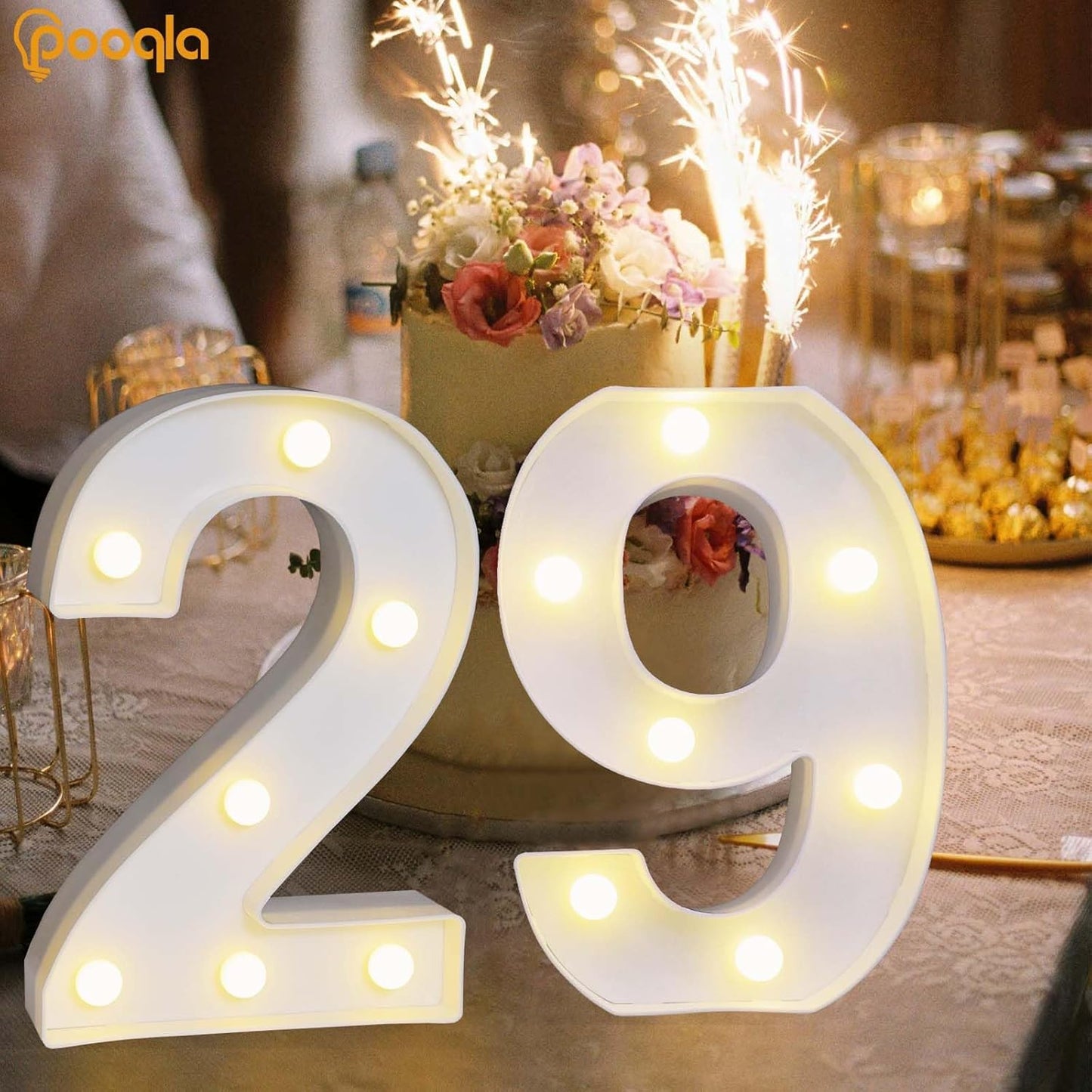 Pooqla Decorative LED Light Up Number Letters, White Plastic Marquee Number Lights Sign for Wedding Decor, Battery Operated (29)