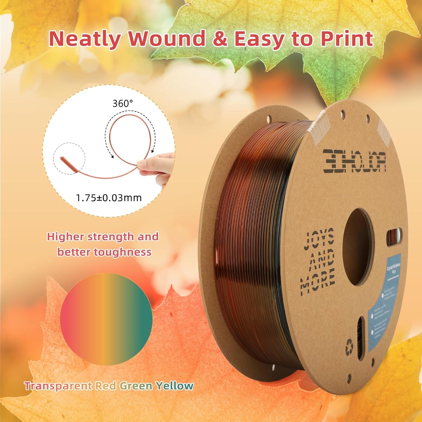 Transparent Multi Rainbow Color Gradient Change PLA 1.75mm 1KG 3D Printing Filament Crystal Rainbow PLA Clear PLA Filament with Cardboard Spool-Maple Leaf