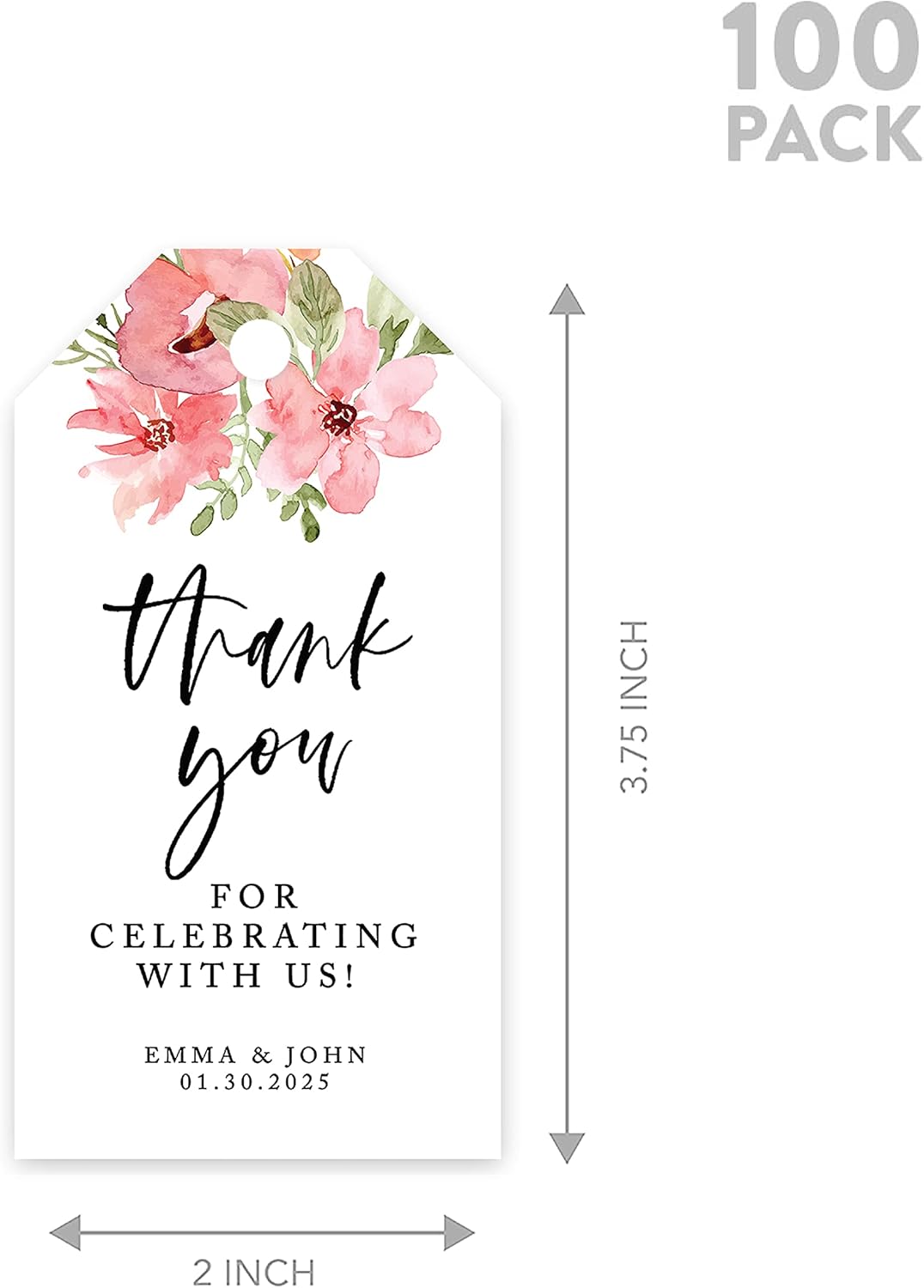 Andaz Press 100-Pack Personalized Thank You for Celebrating with Us Wedding Favor Tags with Bakers Twine Coral Watercolor Florals Custom Cardstock Wedding Gift Tags for Party Favors 2 x 3.75-Inches