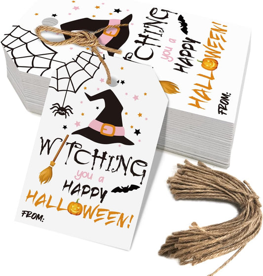 Aukolass 50pcs Happy Halloween Treat Tags,Witch Themed Gift Tags for Halloween Party Favors and Gift Wrapping Decoration(Witching)