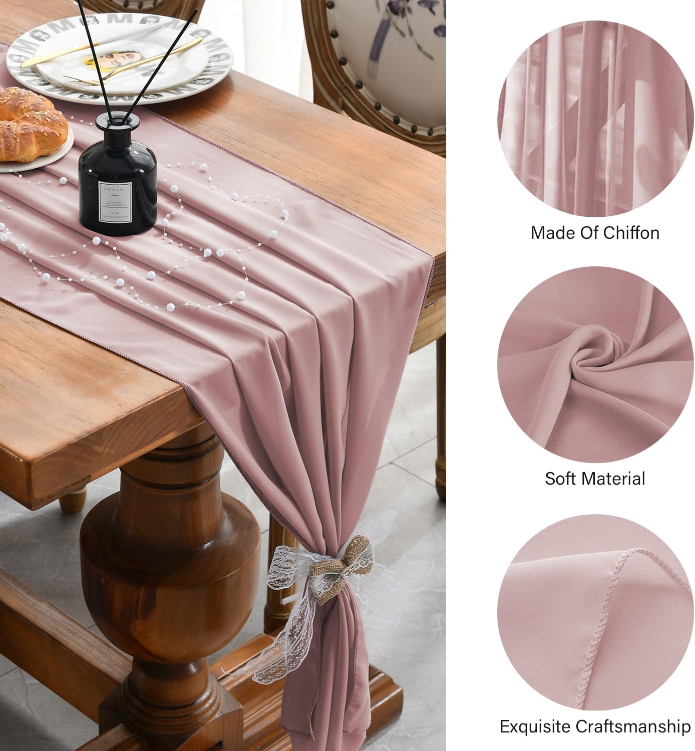 2 Pack 10 Ft Chiffon Table Runner Dusty Rose Gauze Long Table Runners 27x120 Inches Sheer Tulle Table Runner for Rustic Wedding Reception Bridal Shower Decorations Birthday Party