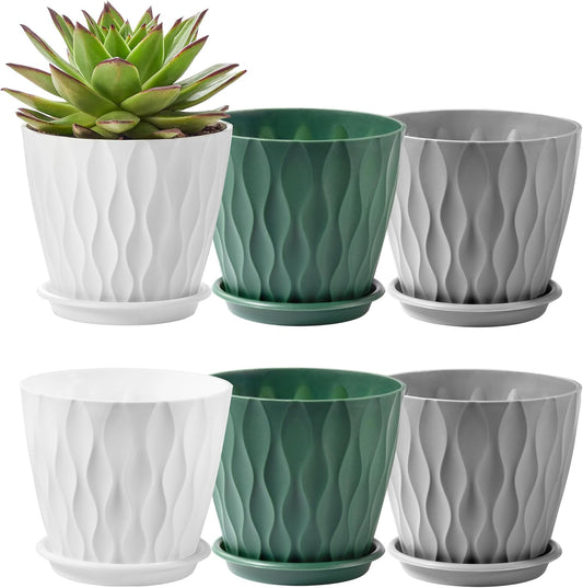 FaithLand 6-Pack 6-Inch Plastic Plant Pots with Saucers | Thickened PP Material, Modern Wave Texture, Enhanced Drainage for Indoor/Outdoor Garden Plants | Tricolor Value Set