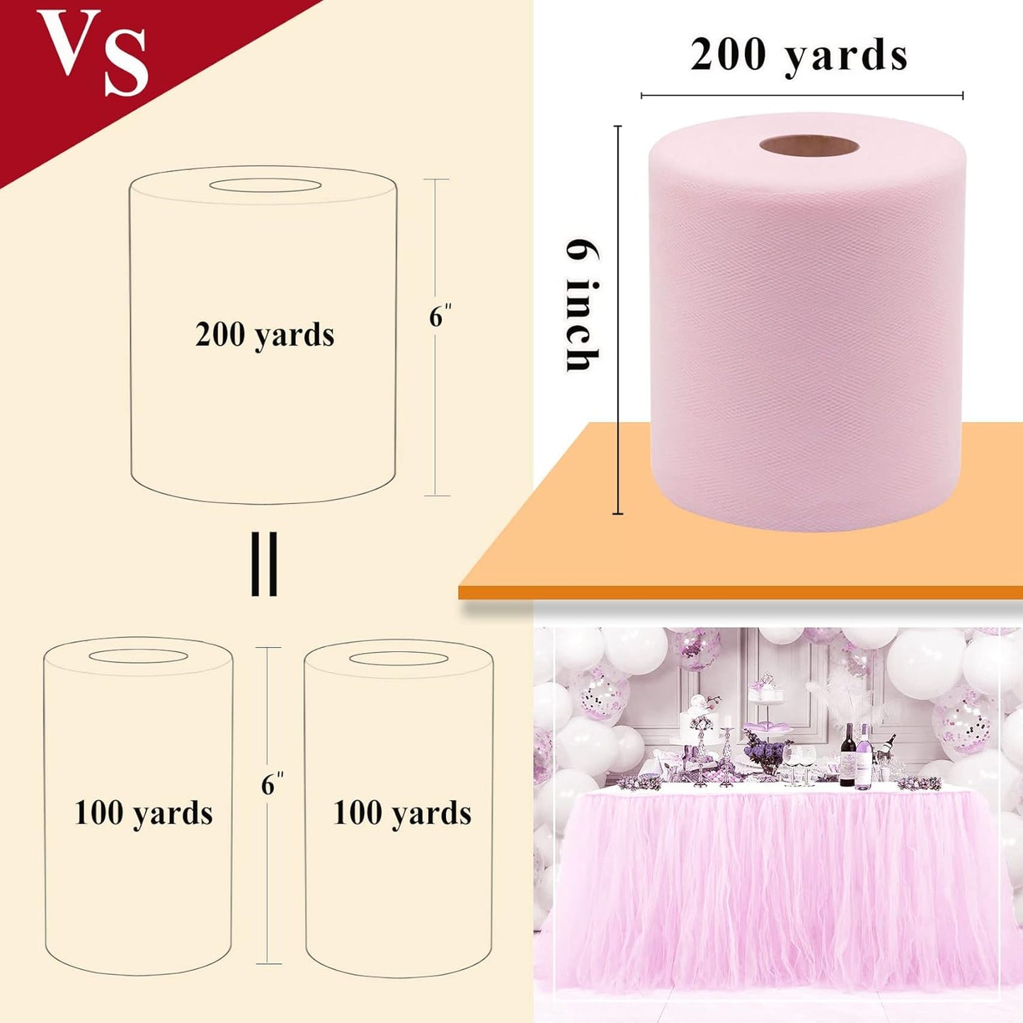 Light Pink Tulle Fabric Rolls 6 Inch by 200 Yards (600 feet) Fabric Spool Tulle Ribbon for DIY Light Pink Tutu Bow Baby Shower Birthday Party Wedding Decorations Craft Supplies