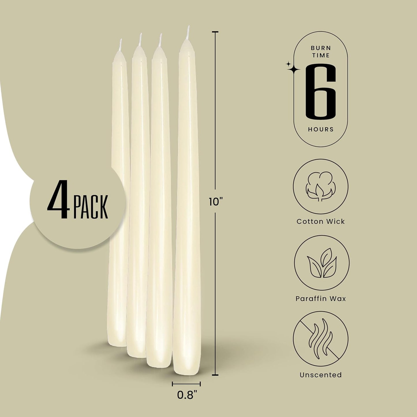 Leor & Lair Ivory Taper Candles - 4 Pack 10" Ivory Candlesticks - Unscented Cream Candle Sticks for Home Decoration, Holiday Tables, Weddings, Restaurants & Business Events
