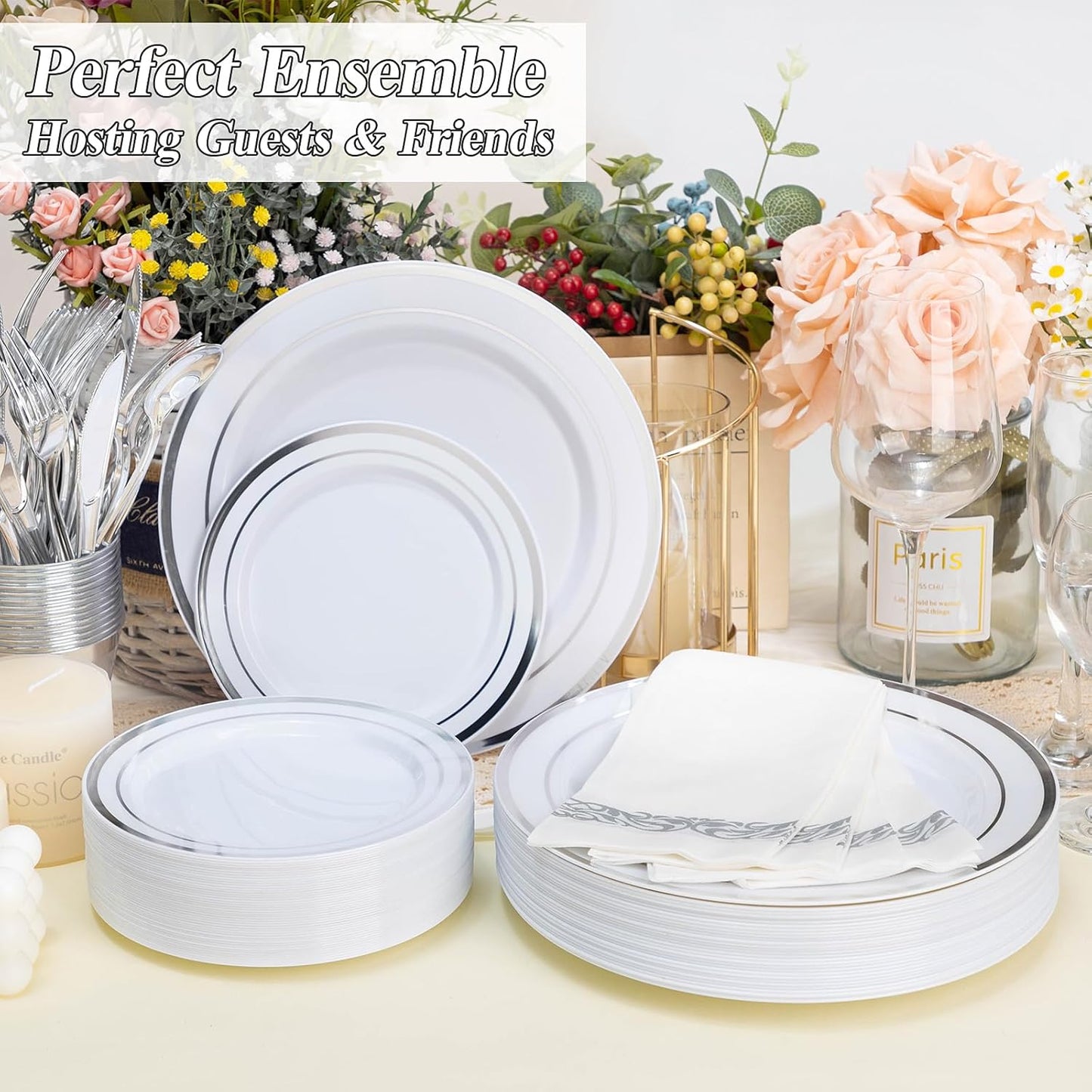 200PCS Silver Plastic Plates Set, 100 10.25 inch Dinner Plates and 100 7.5 inch Dessert Plates, Premium Disposable Plates for Party, Wedding