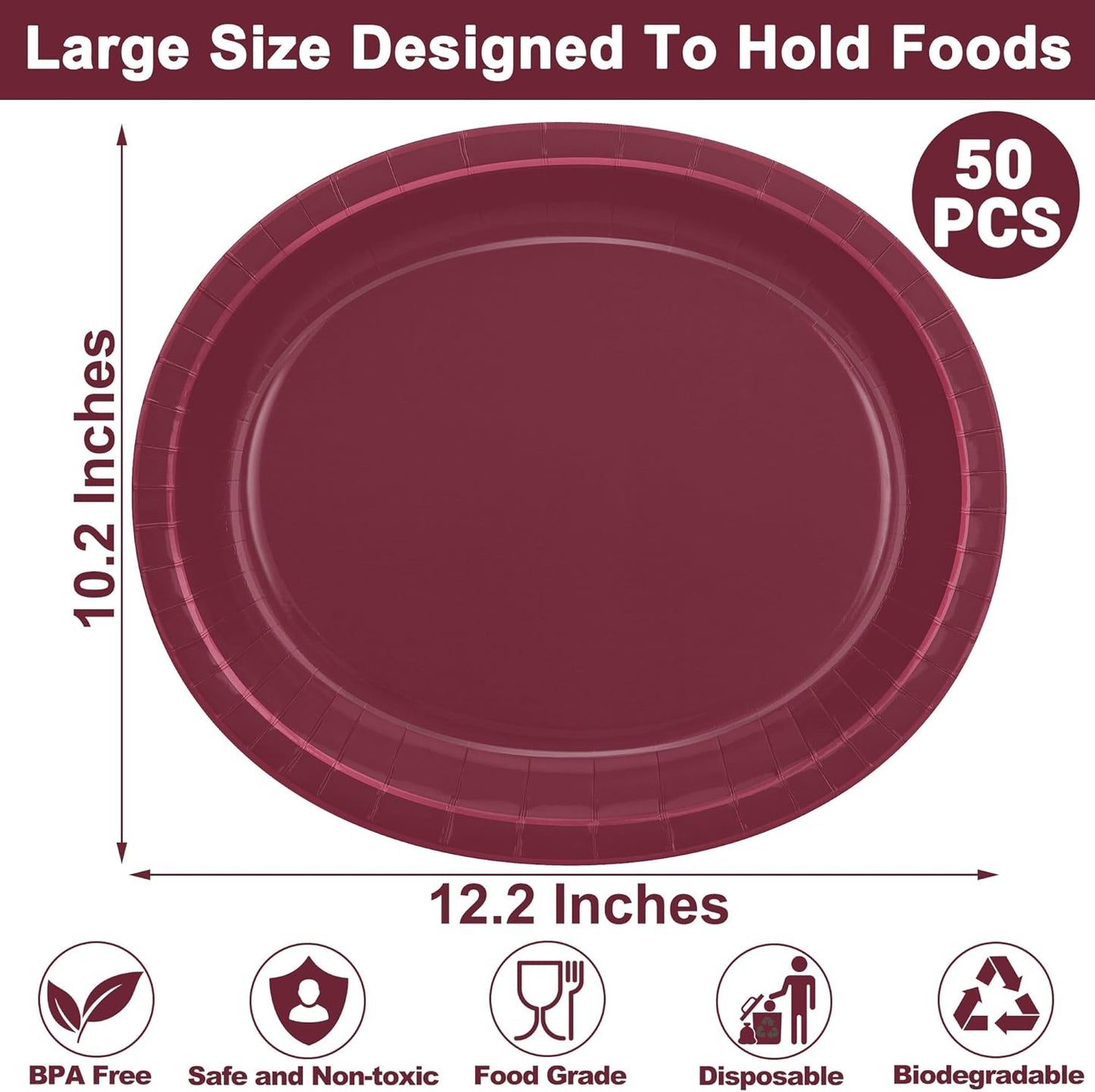 QZYL 50 Count Large Paper Plates, 12.2'' X 10.2'' Oval Wine Red Disposable Paper Plates Daily Dinner Plates Heavy Duty Paper Plates Party Decorations for Birthday Wedding Formal Dinner Holiday