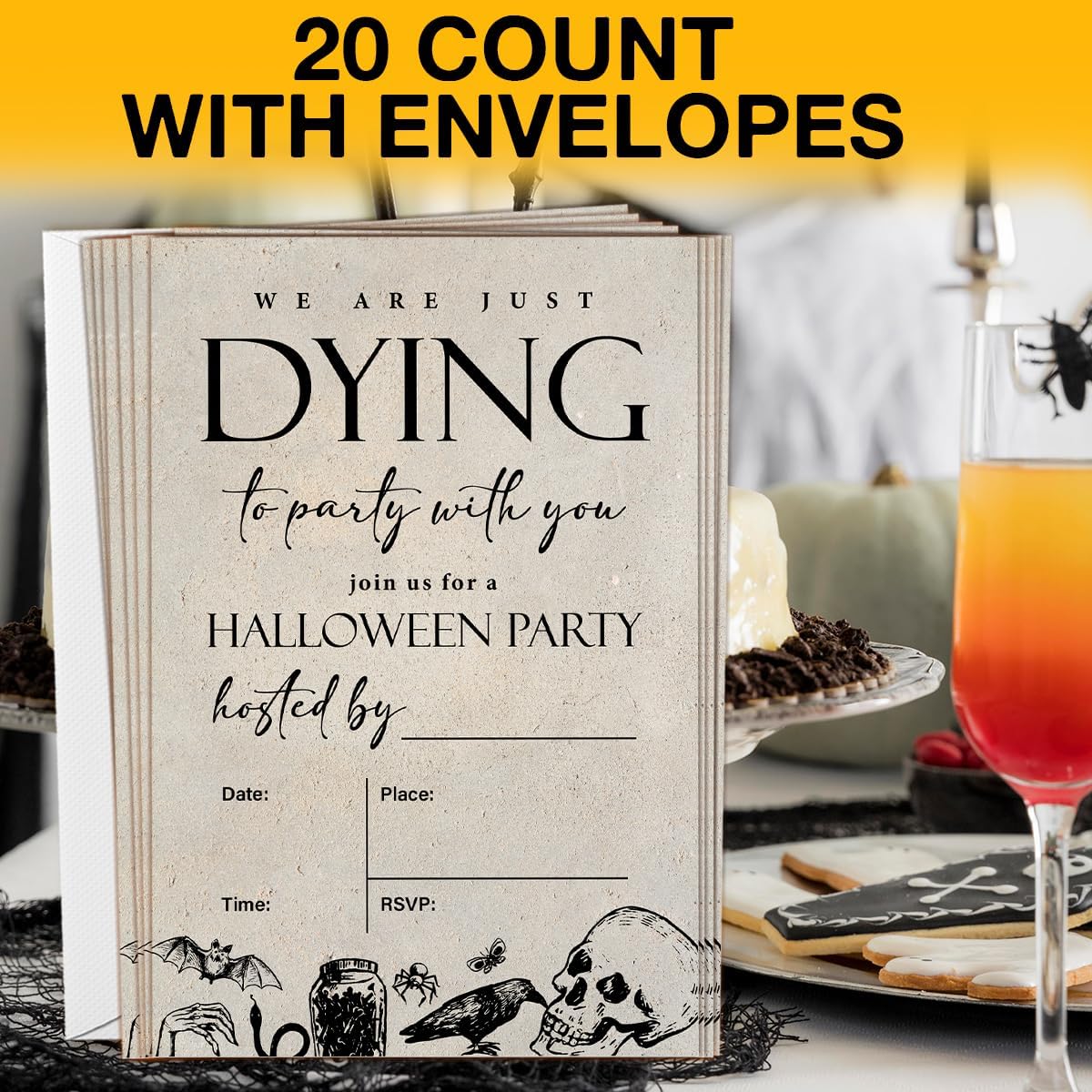 Vintage Halloween Party Invitations for Adults Skull Halloween Party Fill in Invites Cards With Envelopes (20 Count), Double Sided Design