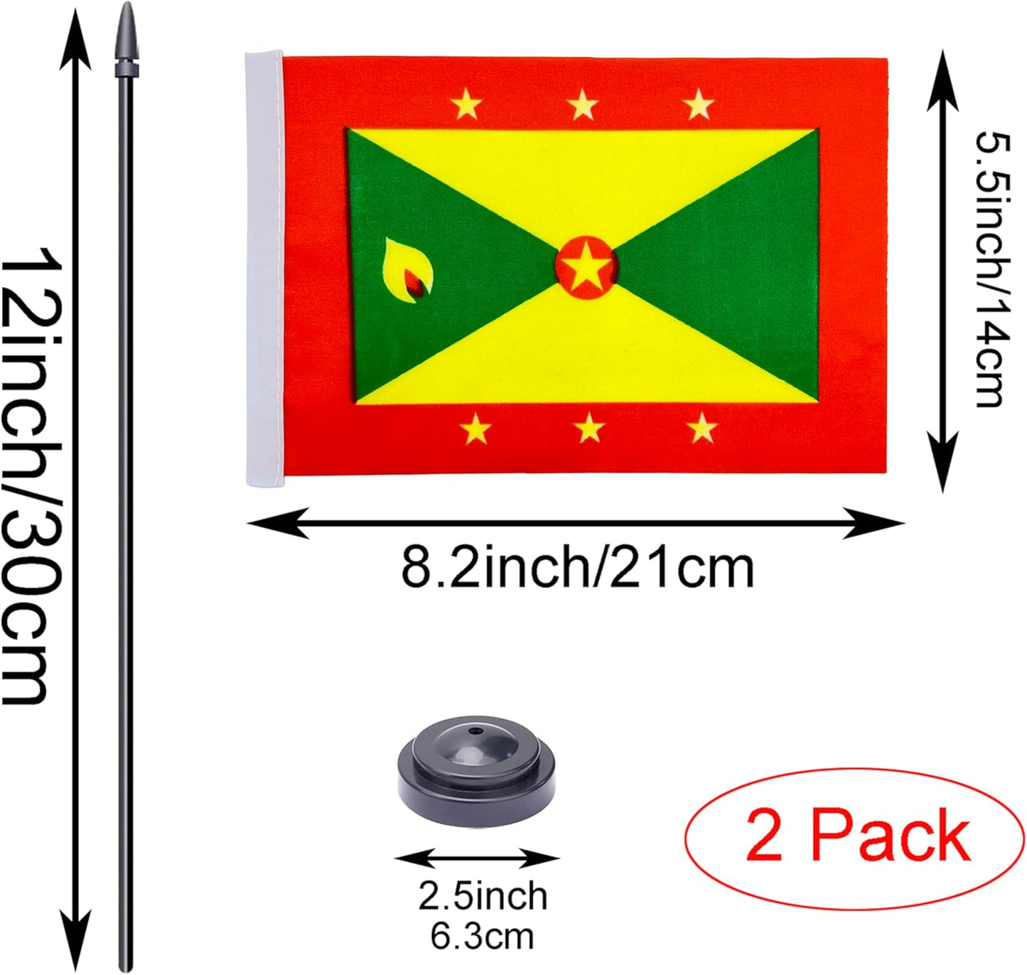 WXTWK 2 Pack Grenada Flag Grenada Deluxe Desk Flag Set - Mini Small Grenada Table Office Flags with Black 12" Solid Pole Stand Base Classroom Meeting Desktop Decorations