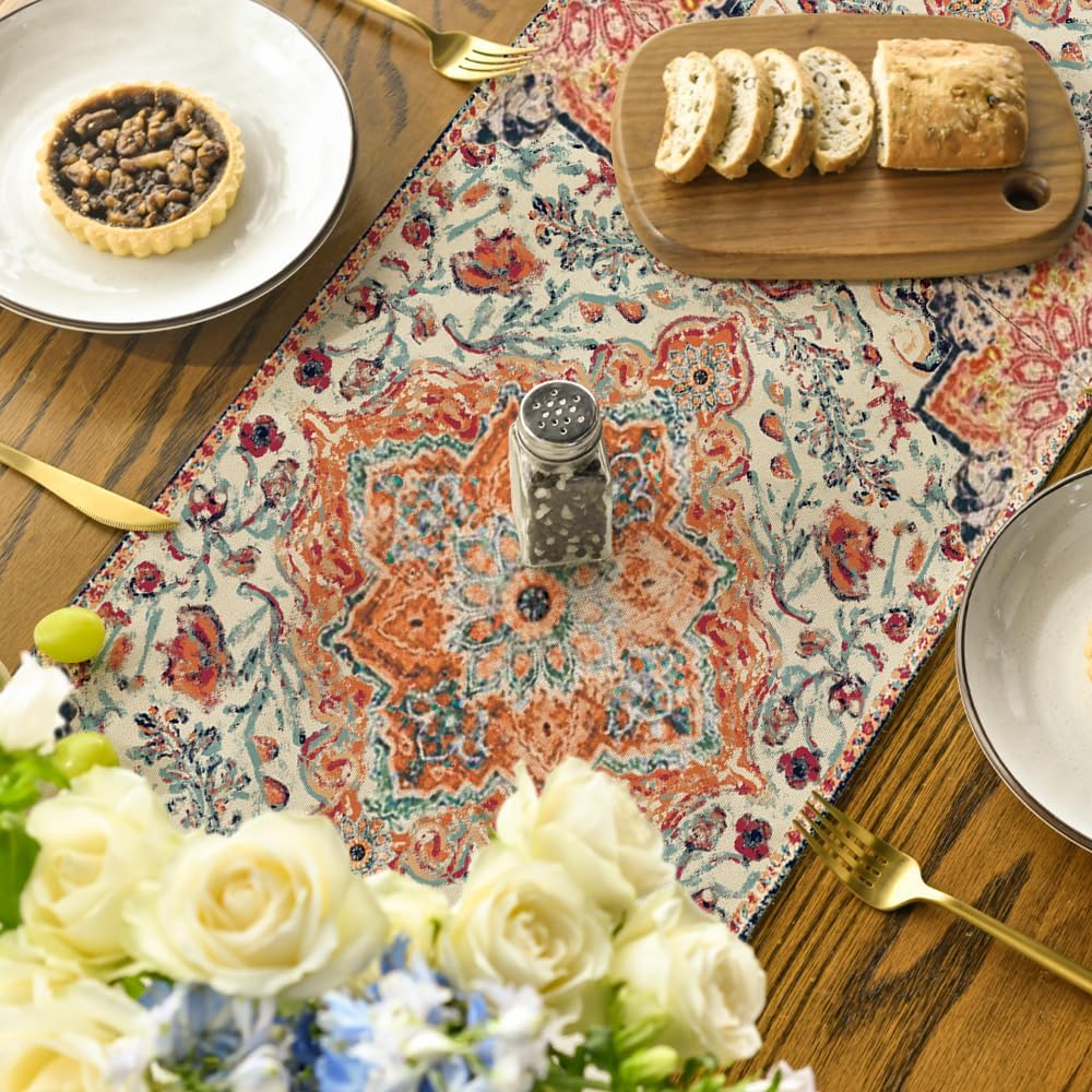 Artoid Mode Boho Bohemia Style Orange Table Runner, Country Rustic Farmhouse Magical Fall Kitchen Dining Table Decoration for Home Party Decor 13x48 Inch