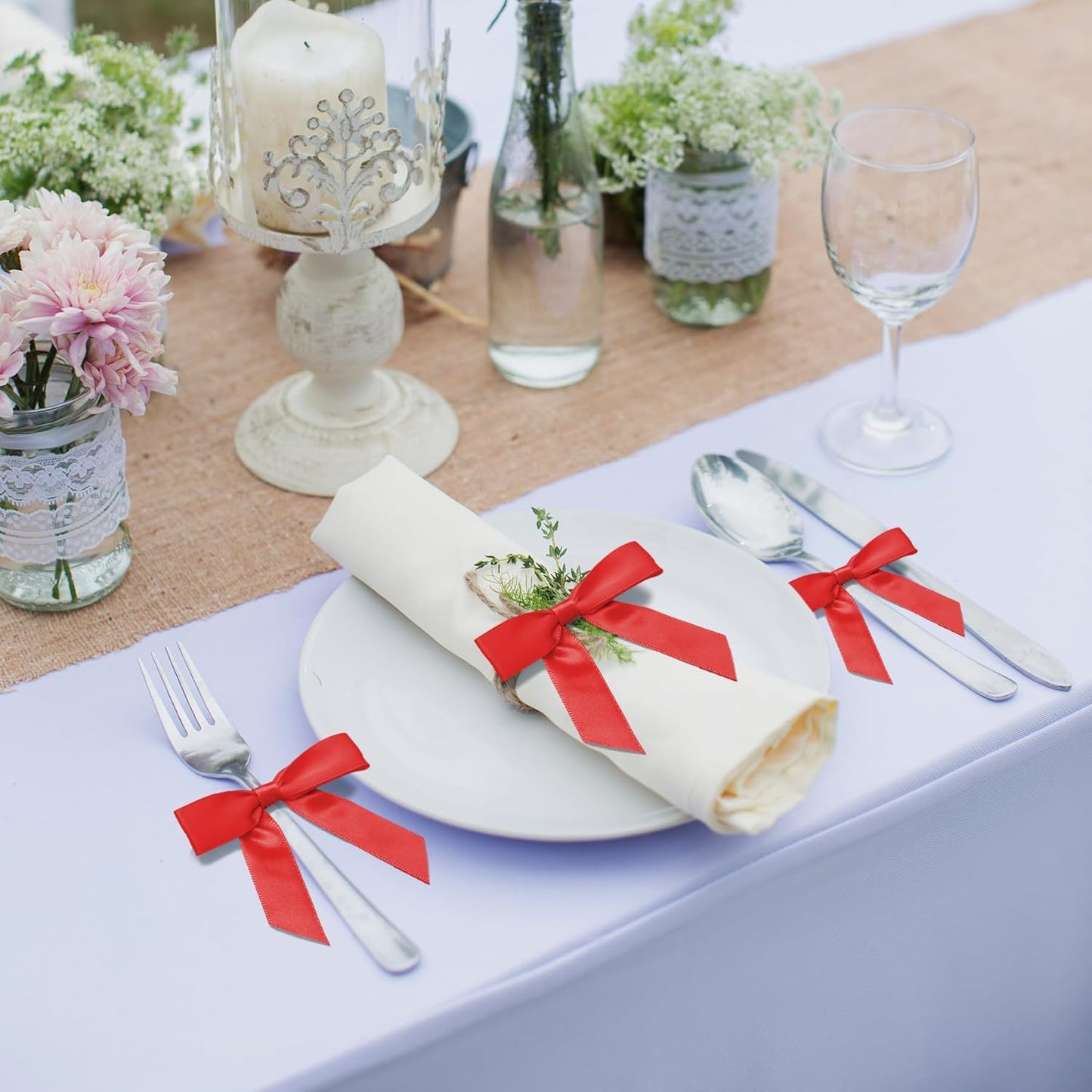 50Pcs Red Twist Tie Bows for Gift Wrapping 2.5" Satin Ribbon Bow for Treat Bags Cake Balloons Birthday Party Favors Wedding Decorations