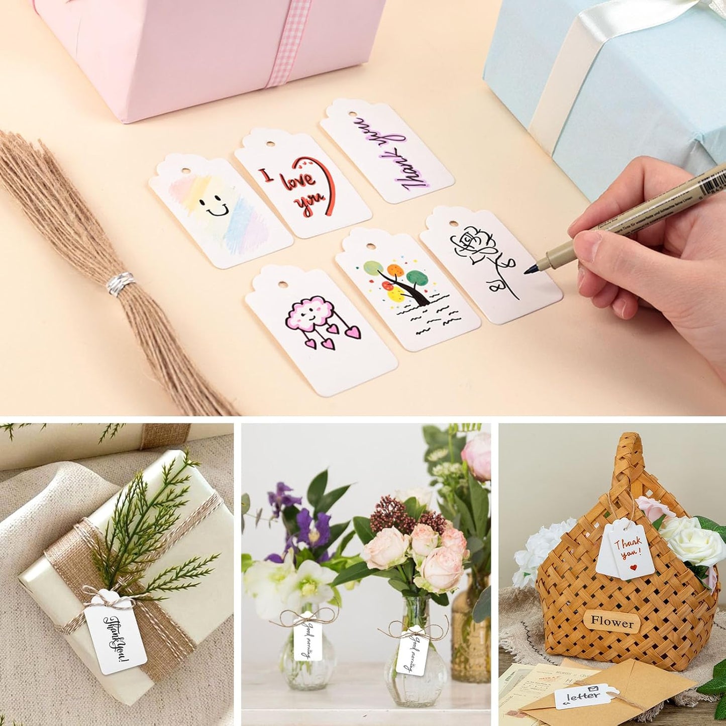 SallyFashion 200PCS Gift Tags, 2.8×1.7 Inch Hang Tags with String for Presents DIY Weddings Bridal and Baby Showers Birthdays