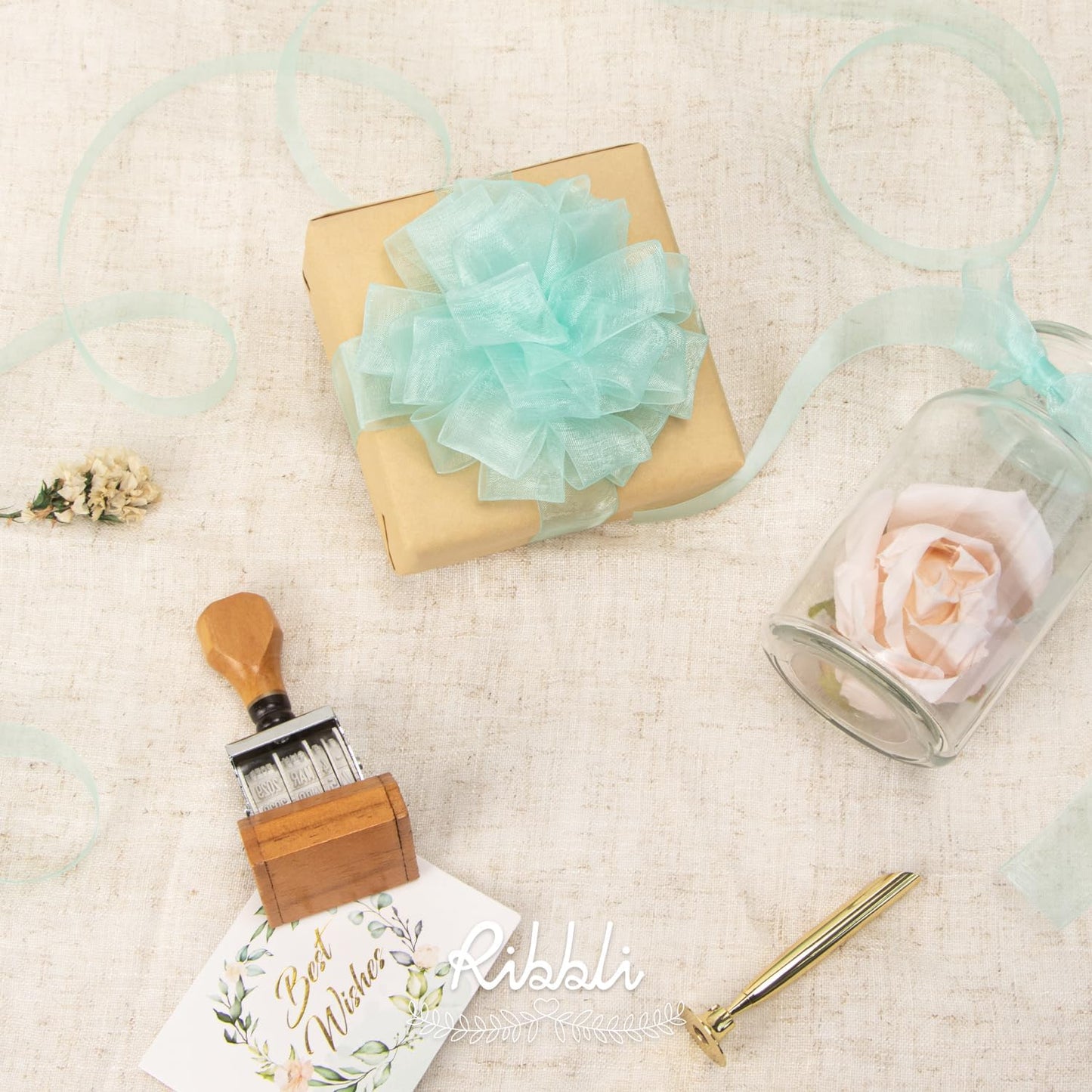 Ribbli Aqua Blue Organza Ribbon,1 Inches x Continuous 50 Yard, Blue Sheer Ribbon for Gift Wrapping,Cookie Wrapping,Wedding Decoration,All Crafting and Sewing