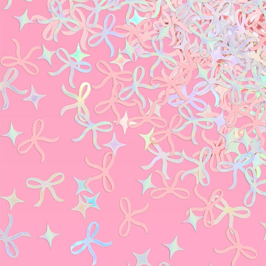 xo, Fetti Bow Confetti - 200 pc | Bachelorette Party Pink and Iridescent, Engagement Party Decoration, Tying the Knot Table Decor, Bride To Be Coquette Ribbon Bridal Shower Supplies