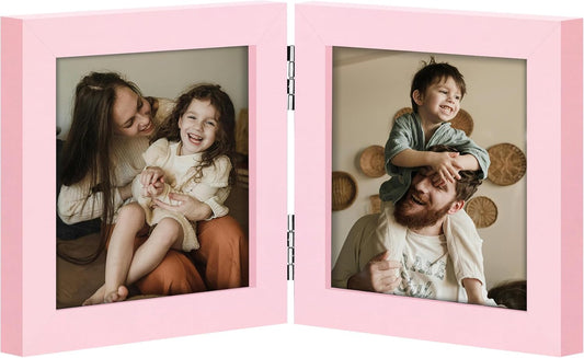 decorUhome Double 4x4 Picture Frame Vertical, Engineered Wood Bifold Photo Frame with Plexiglass for Tabletop Display, 4x4, Pink