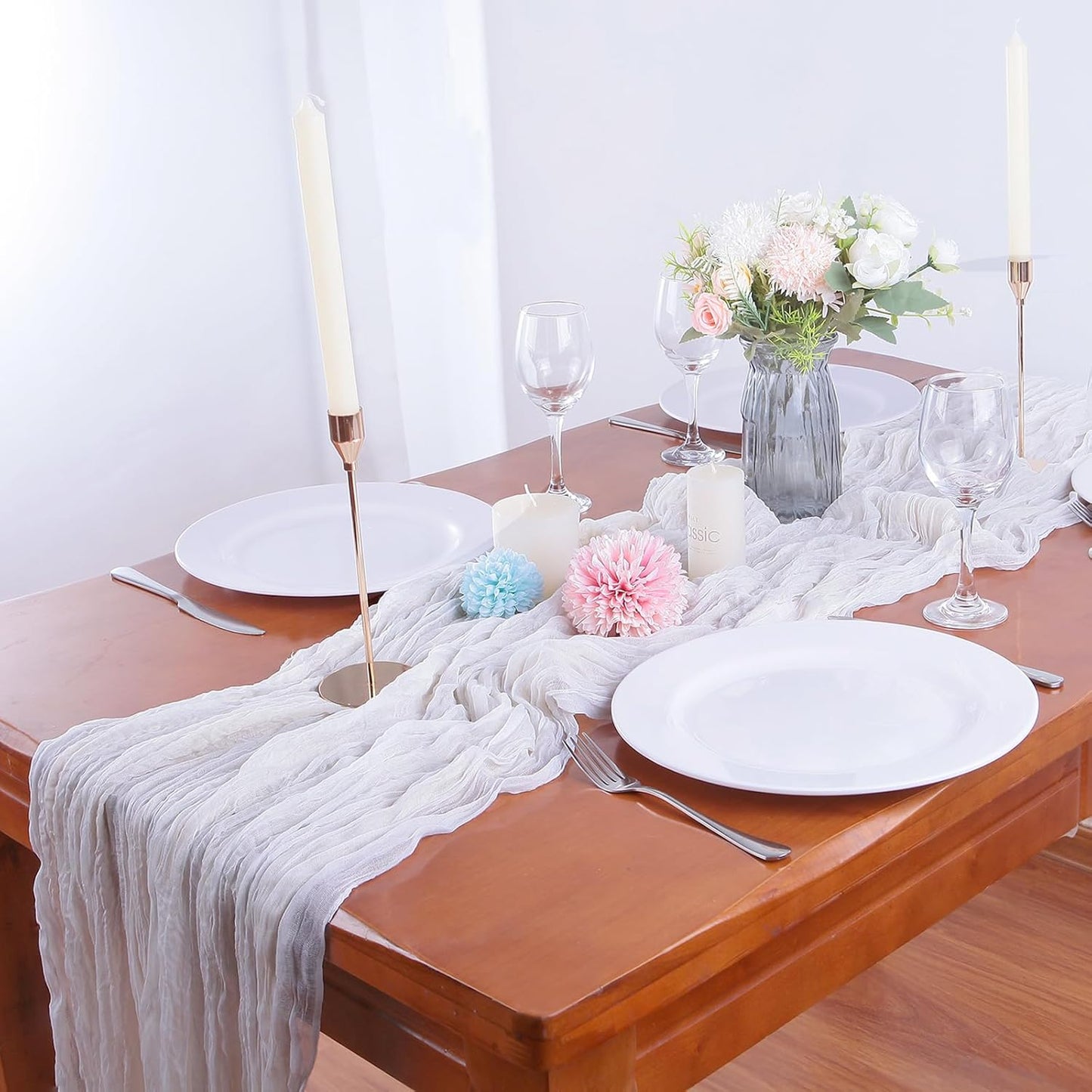 16PCS White Cheesecloth Table Runner 10FT 35x120Inch Boho Gauze Cloth Long Rustic Sheer for Wedding Party Baby Bridal Shower Decor