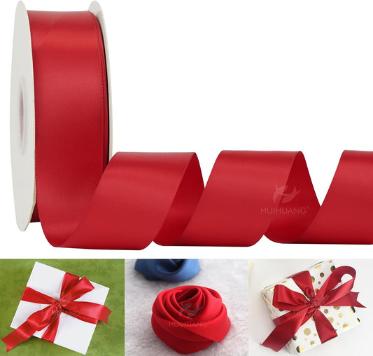 HUIHUANG Red Ribbon 1-1/2 inch Satin Ribbon, Red Double Faced Satin Ribbon for Christmas Gift Wrapping for Bows Making Floral Bouquet Wedding Christmas Decor Party Favor and Craft Supplies-50 Yards