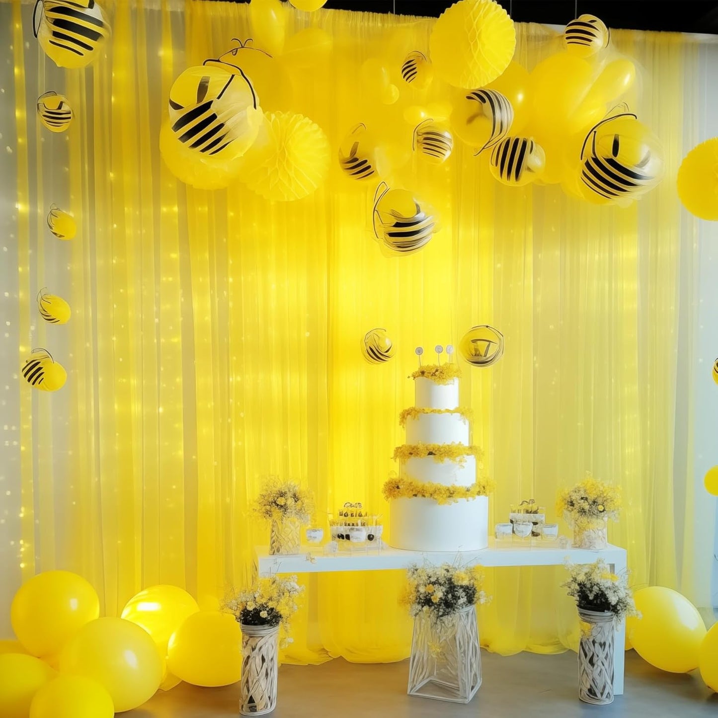 30×10ft Yellow Tulle Backdrop Curtain with Lights String for Parties, Sheer Photo Backdrop Curtains for Wedding Party Photography Background