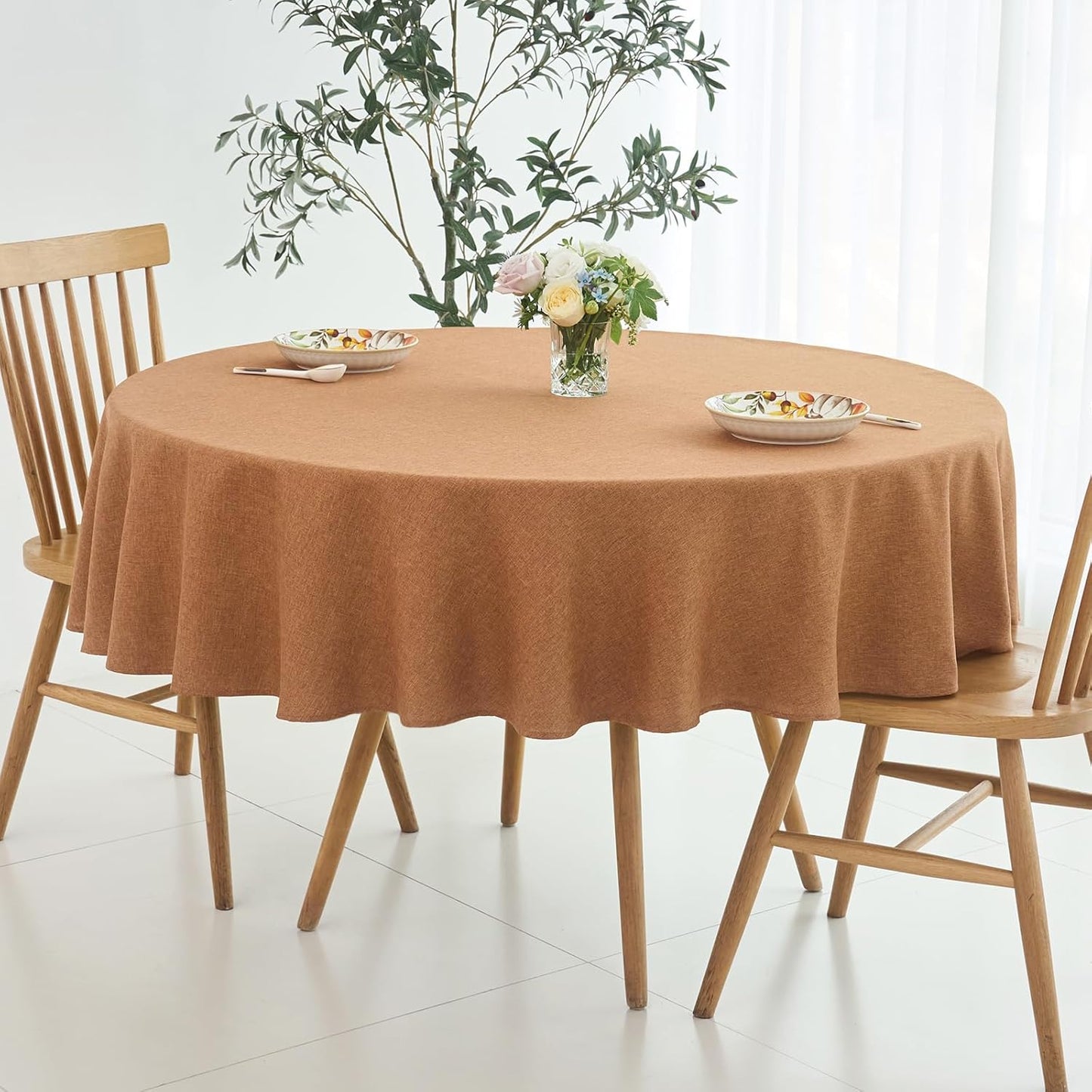 maxmill Fall Round Tablecloth Linen Texture Stain Resistant Waterproof Anti-Shrink Spillproof Washable Soft Table Cloth for Dining Room, Farmhouse Harvest Thanksgiving Holiday Party, 70 Inch, Amber