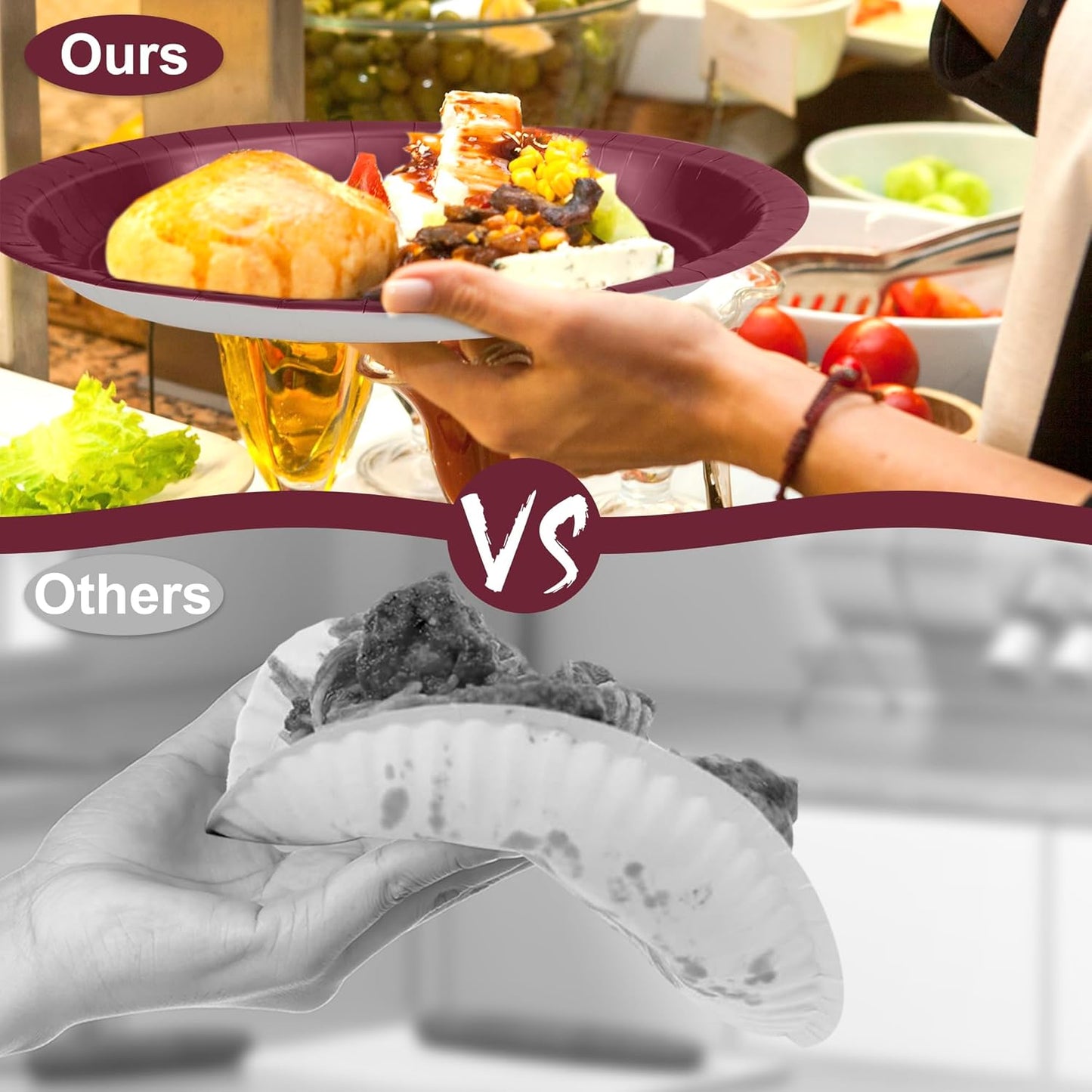 QZYL 50 Count Large Paper Plates, 12.2'' X 10.2'' Oval Wine Red Disposable Paper Plates Daily Dinner Plates Heavy Duty Paper Plates Party Decorations for Birthday Wedding Formal Dinner Holiday