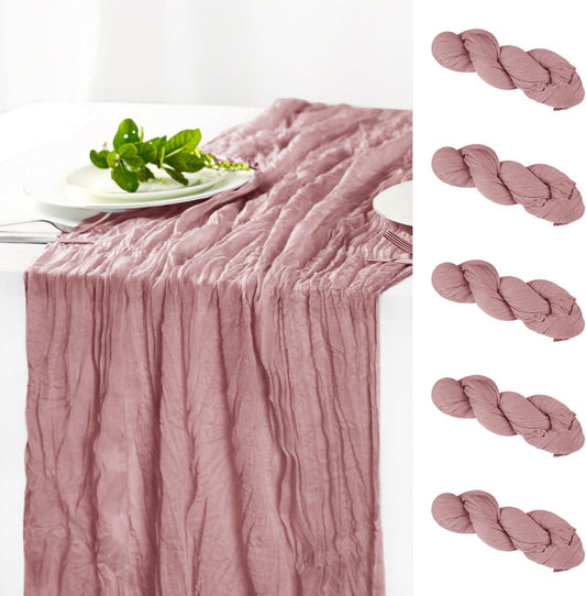 Hahuho Dusty Pink Cheesecloth Table Runner 10ft, Gauze Boho Rustic Table Runners for Wedding Birthday Party Baby Shower Decorations（6 Pack , 35x120 Inches）