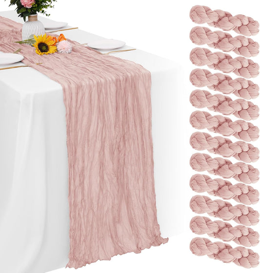Aktor 12 Pack Dusty Pink Table Runner Boho Cheesecloth Table Runner Semi Sheer Gauze Fabric Runners for Wedding Birthday Baby Shower Party Boho Table Decoration（Dusty Pink）