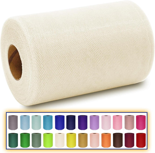 Ivory Tulle Fabric Roll 6 Inch X 300 FT (100 Yards) Matte Tulle Ribbon Netting Mesh Spool for DIY Tutu Skirt Wedding Bow Gift Wrapping Baby Shower Christmas Party Halloween Decorations