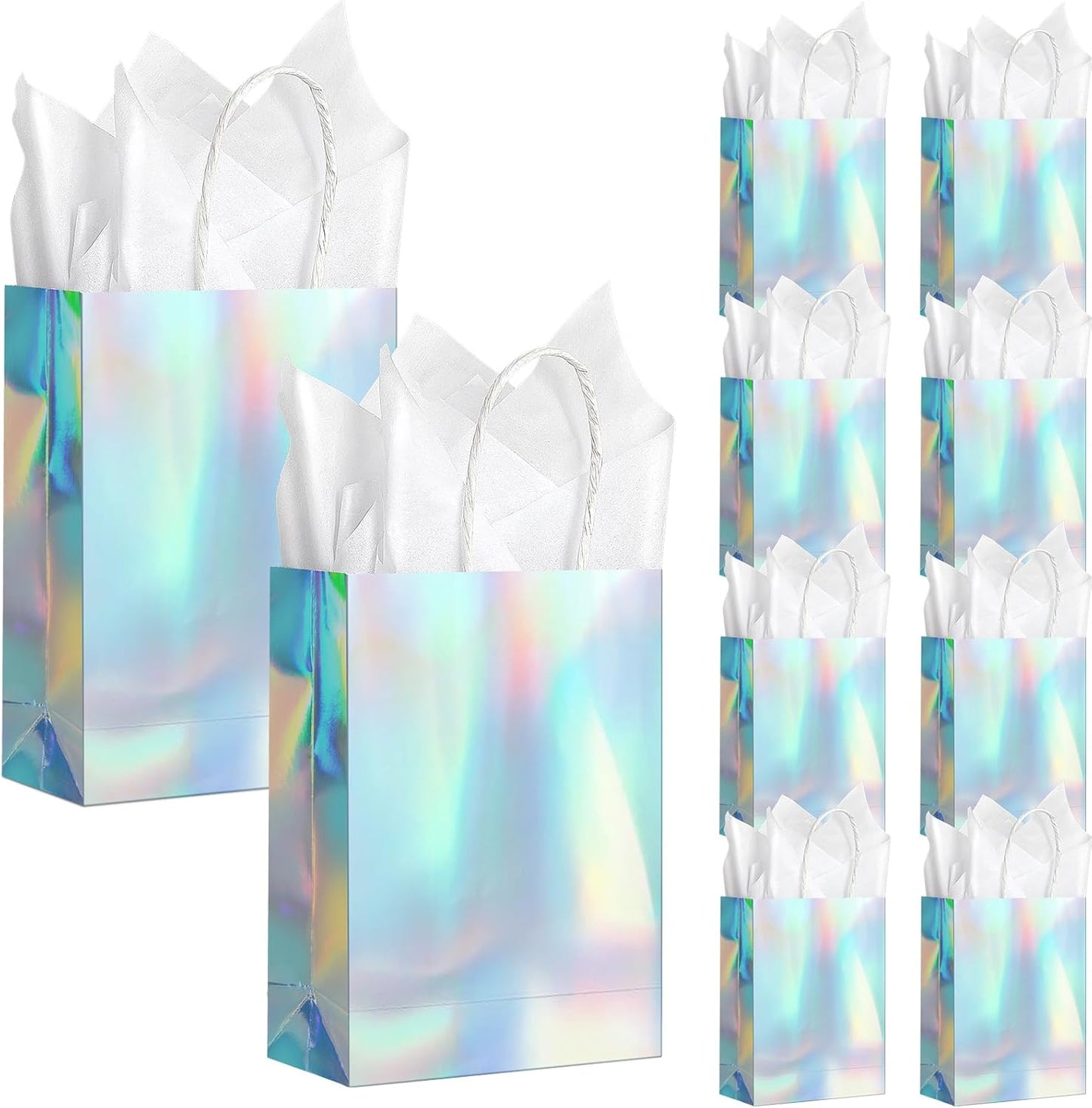 24 Pcs Iridescent Gift Bags Decorations, Holographic Foil Party Favor Bags with Handles, Glitter Paper Candy Goodie Bag with 24 Tissue Paper for Graduation Birthday Baby Shower Party Supplies