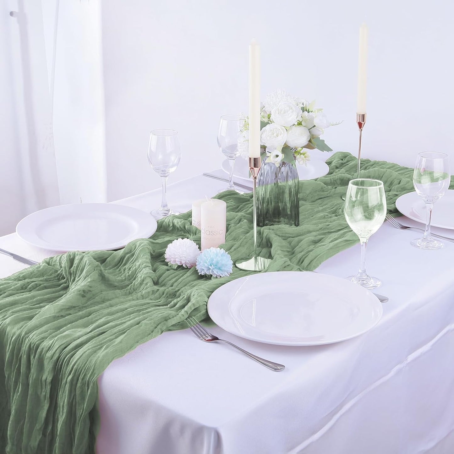 4 Pack Sage Green Cheesecloth Table Runner 35x120 Inch Boho Gauze Fabric Cheese Cloth Table Runner 10Ft Rustic Romantic Sheer Table Runners for Wedding Party Bridal Baby Shower Long Table Decoration