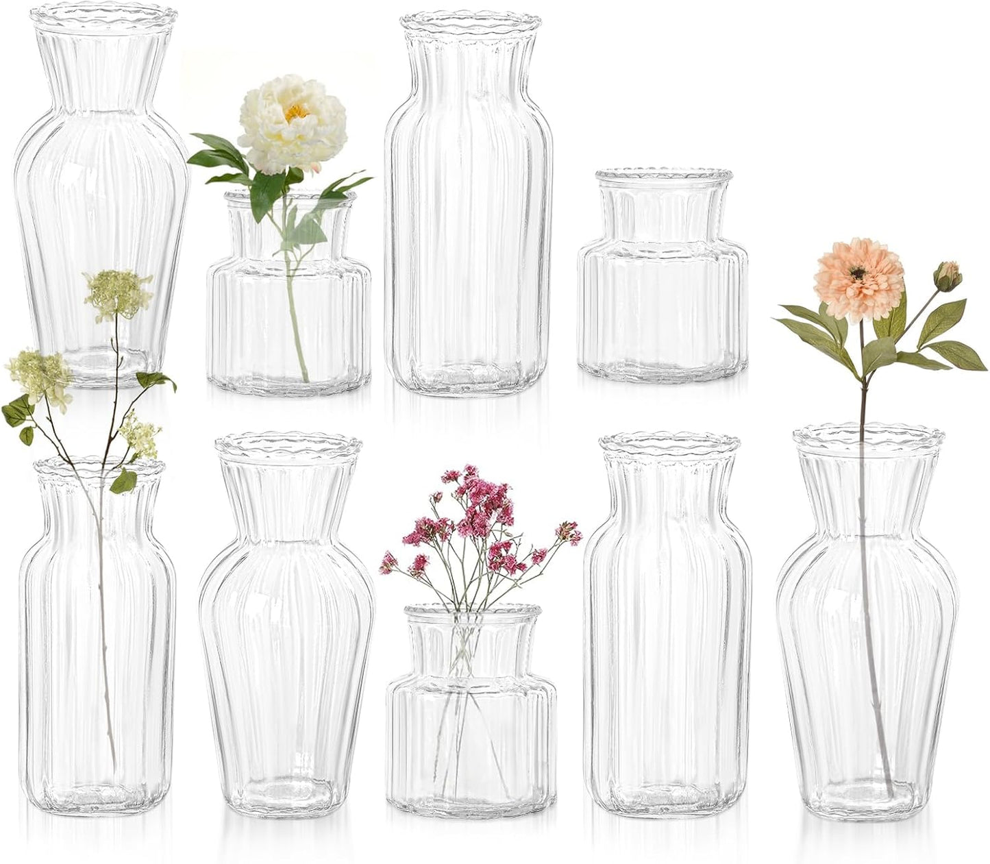 Modern Clear Glass Vase Set - 9Pcs Small Handmade Flower Vases, Decorative Mini Bud Vases for Wedding Reception, Dining Table, and Home Decor - Perfect for Single Stem Flowers