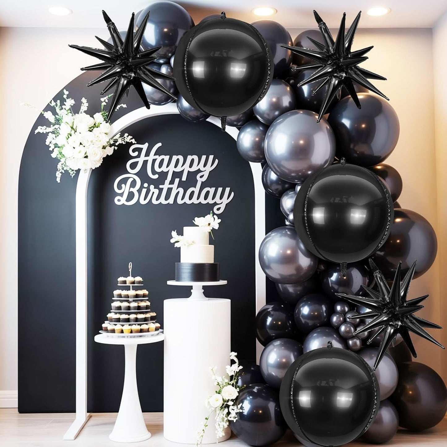 6Pcs Black Foil Balloons,22Inch Black 4D Round Ball Balloon and Explosion Star Balloon for Birthday Wedding Baby Shower Anniversary Graduation Decorations