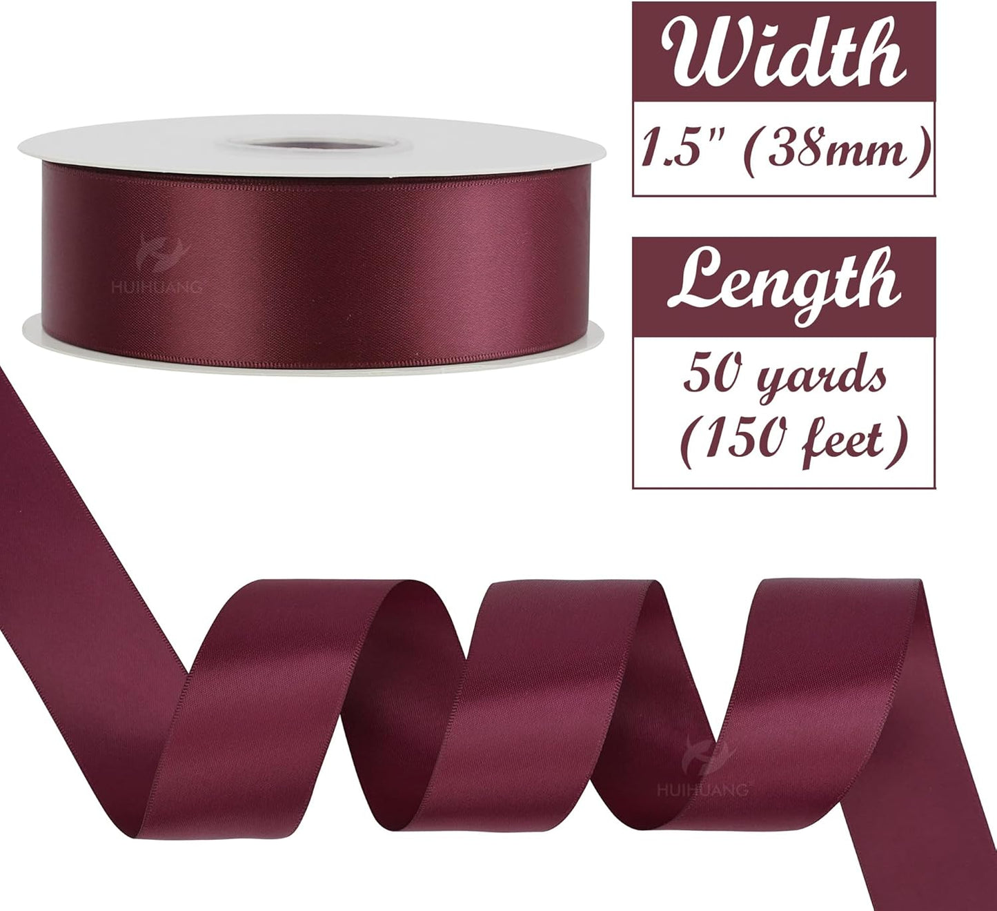 HUIHUANG 1-1/2 inch Double Face Satin Ribbon Maroon Ribbon Satin Wine Red Ribbons 50 Yards Roll for Gift Wrapping Bow Making Floral Bouquet Wedding Invitations Decor Party Favor Craft Supplies