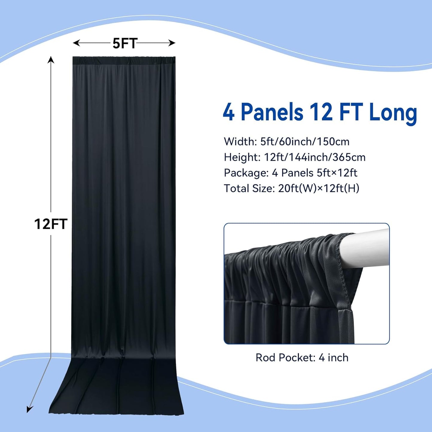 20x12ft Wrinkle Free Black Backdrop Curtain for Wedding Parties, 4 Panels 5×12 ft Long Soft Silky Polyester Fabric Backdrop Drapes Black Photo Back Drop Curtains for Party Photography Background Cloth