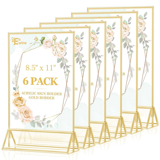 EHWINE 6 Pack 8.5×11 Clear Acrylic Sign Holder with Gold Borders and Vertical Stand, Double Sided Table Menu Holders Picture Frames for Wedding Table Numbers, Restaurant Signs, Photos and Art Display