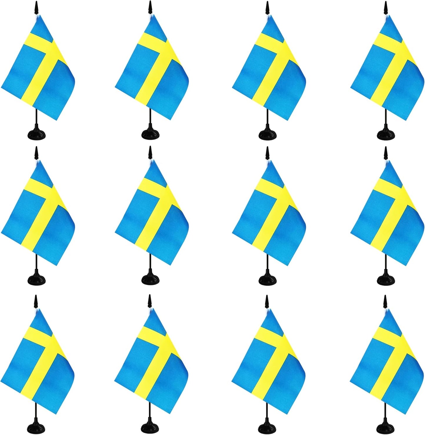Sweden Desk Flag, 12 Pack Swedish Table Office Flag with Black Solid Pole and Stand Base, International Country Flag, Festival Celebration, Classroom Meeting Desktop Decor (Sweden)