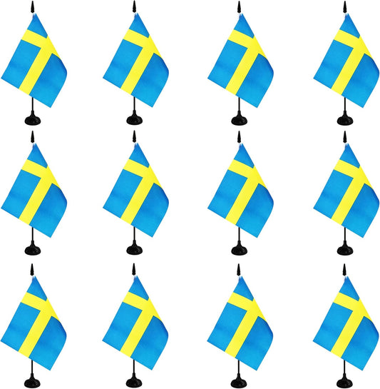 Sweden Desk Flag, 12 Pack Swedish Table Office Flag with Black Solid Pole and Stand Base, International Country Flag, Festival Celebration, Classroom Meeting Desktop Decor (Sweden)