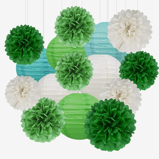 White Green Party Decoration - 15Pcs Tissue Pom Poms Paper Flowers Paper Lanterns Dinosaur Theme Birthday Baby Shower Forest Party Hanging Decor HongTongTong