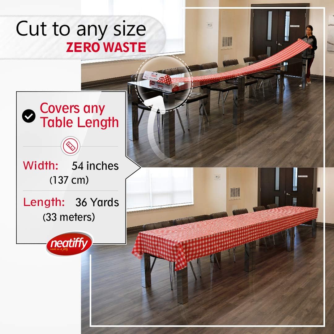 Neatiffy Disposable Plastic Table Cloth Roll | 54 in x 108 Ft Waterproof Tablecloth | Table Cover for Rectangle, Square, Round Oval Tables | Picnic, Party, Banquet, Birthdays, Weddings, Red Checkered
