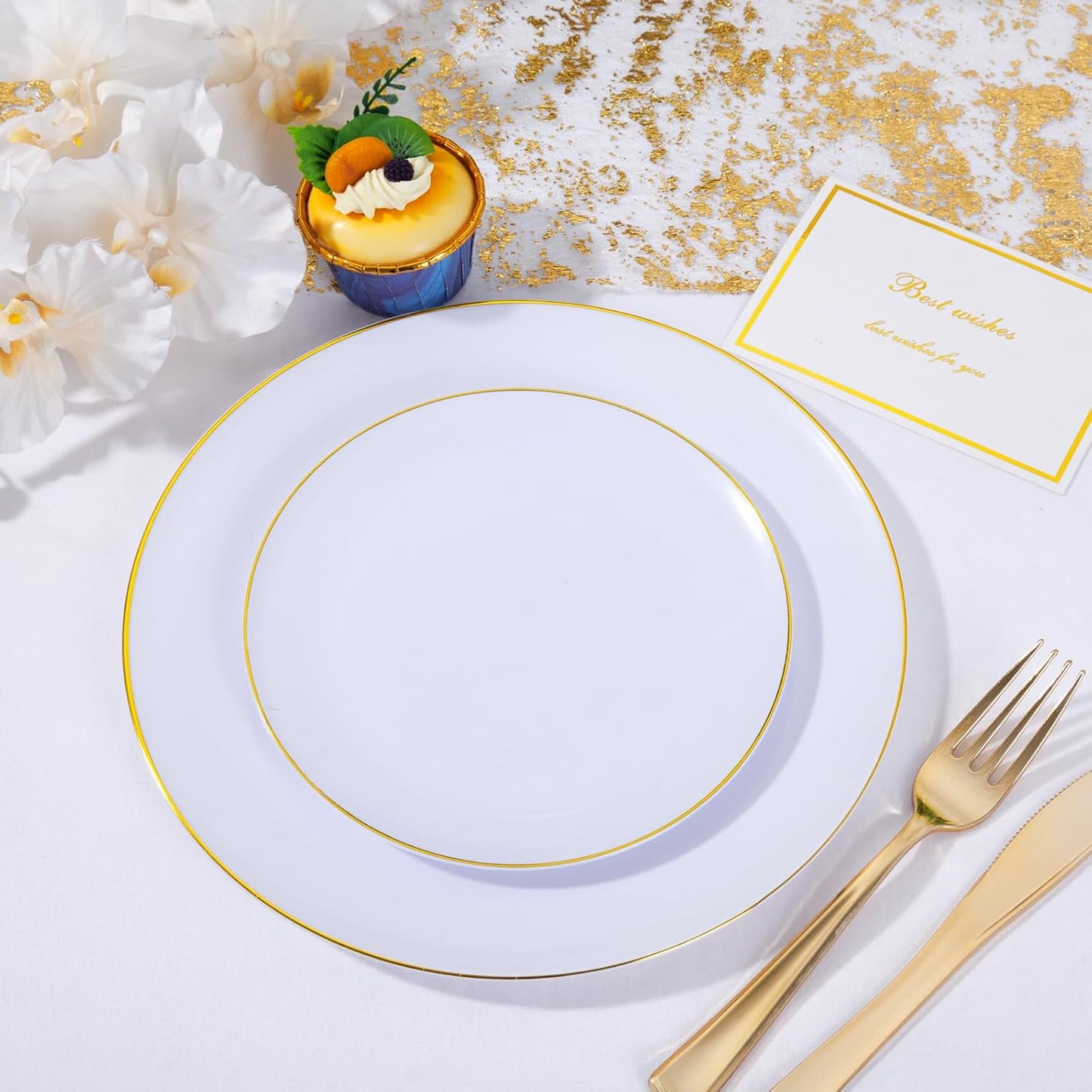 KIRE 200PCS Gold Plastic Plates - Disposable Plates for Party - White Plastic Plates with Gold Rim Include 100 for Dinner and 100 for Dessert/Salad in Wedding/Thanksgiving