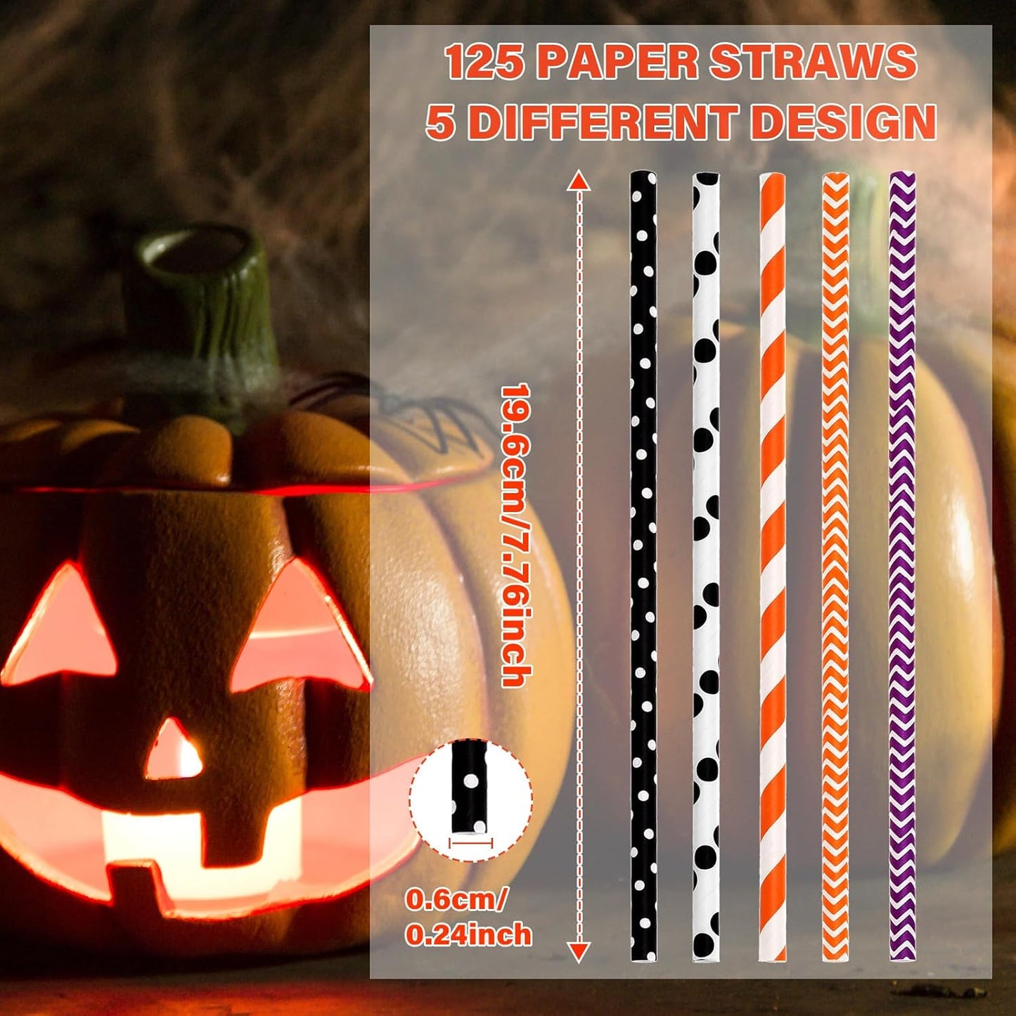 Shappy 125 Pieces Halloween Paper Straws Bulk, Disposable Decorative Drinking Straws with Dots/stripes/waves for Birthday, Wedding, Halloween and Christmas Party Supplies(Orange, Black, White, Purple)