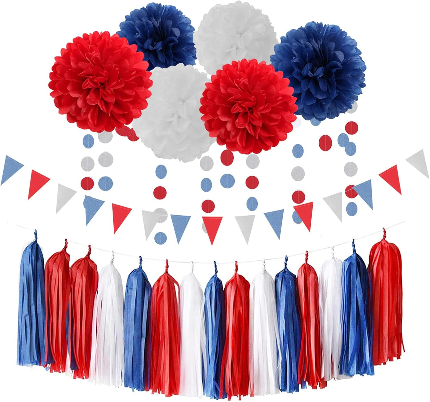 Fourth-4th of July Imemorial-Day Party-Decorations - 23pcs Red White Blue Graduation Banner, USA Patriotic Tassel Garland Streamers, Paper Tissue Pom Poms, America Independence Decor Lasting Surprise
