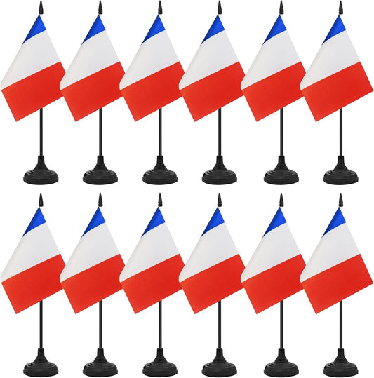 12 Pack France Desk Flag Set, French Table Office Flag, Small Miniature Desktop Flag With Black Pole and Black Base, Classroom, Offices Meeting Desk Decoration (France)