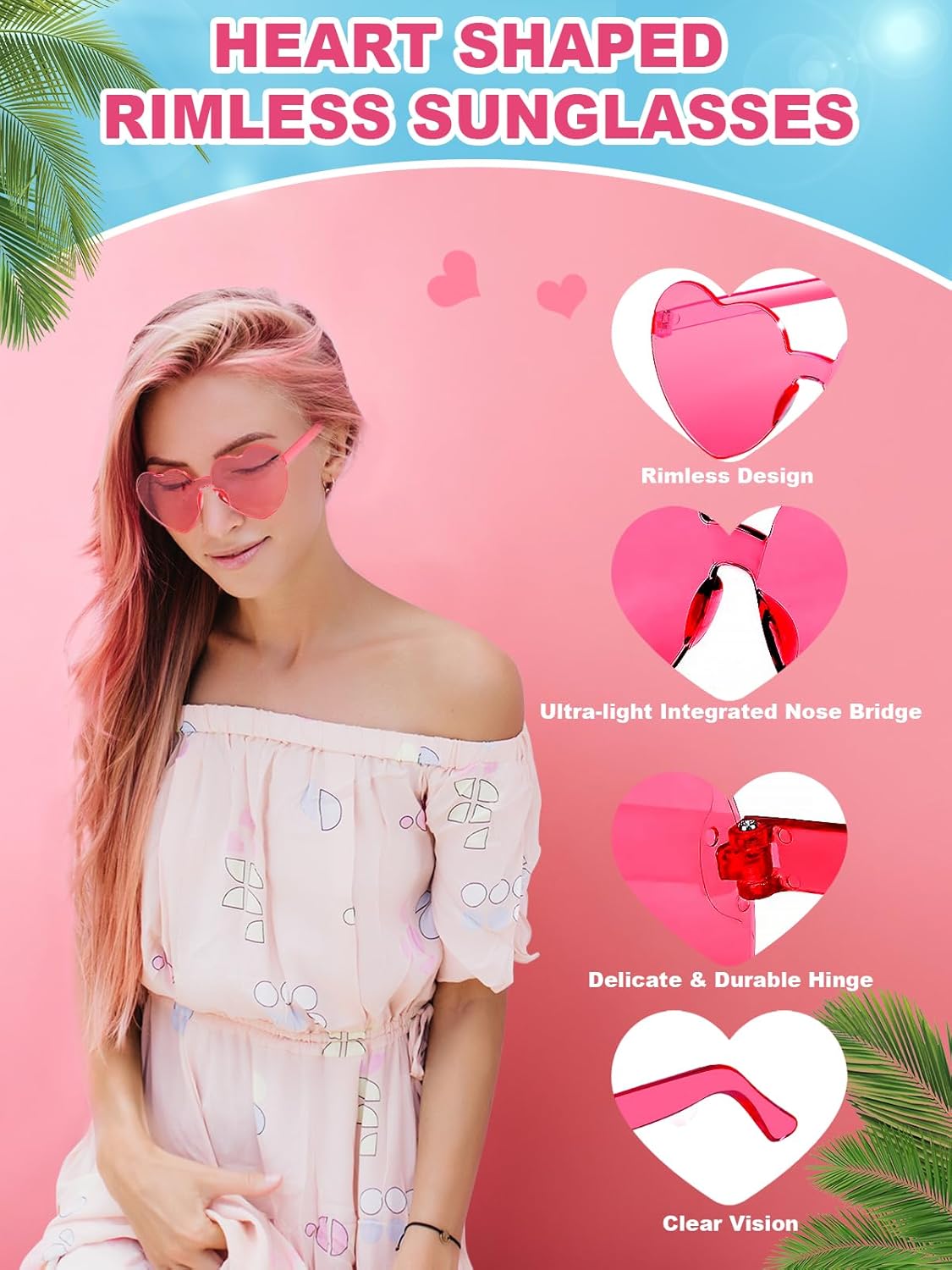 12 Pairs Heart Shaped Sunglasses for Women Colorful Glasses Fun Trendy Transparent Heart Sunglasses Party Favor (Hot Pink)