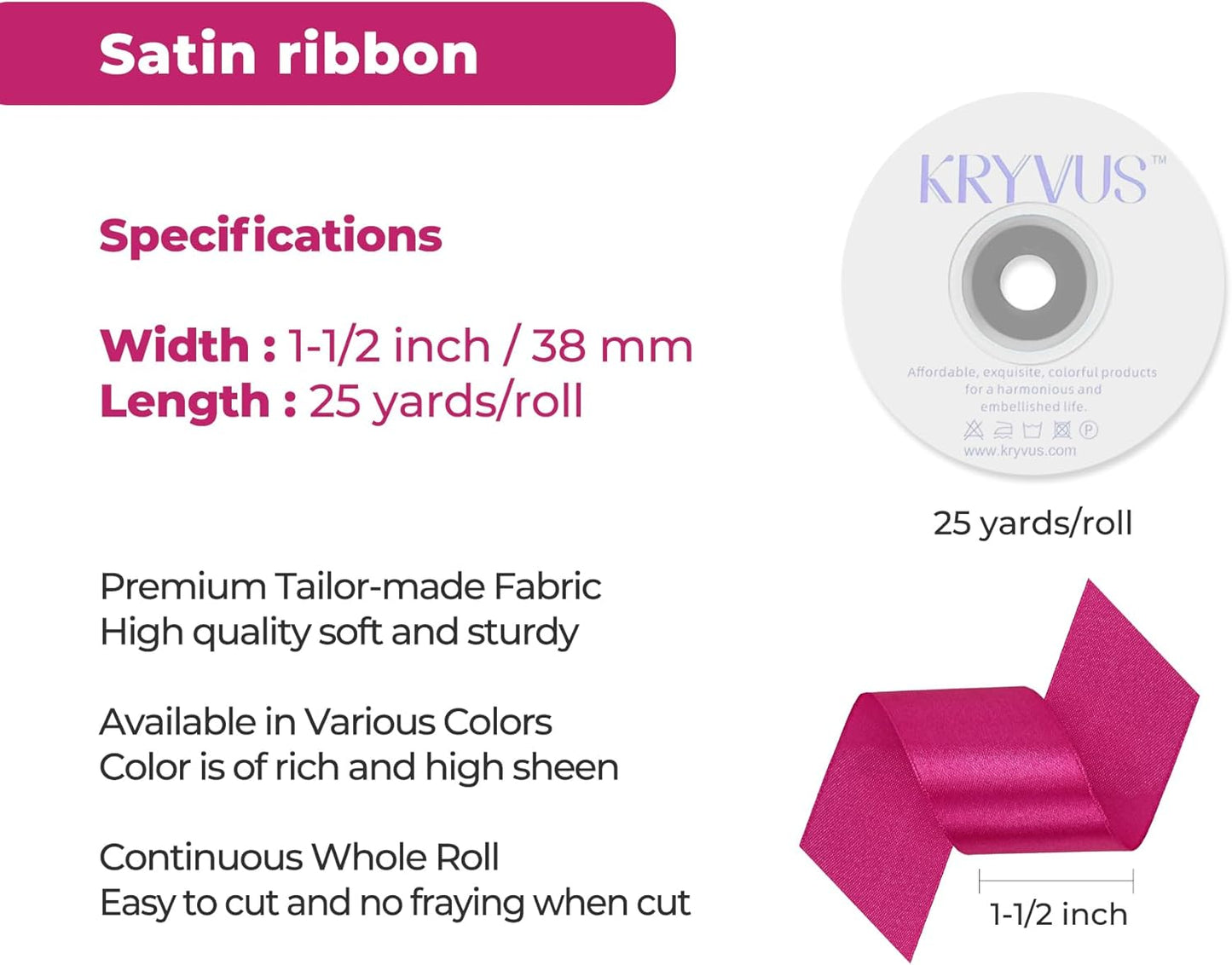 Rose Red Satin Ribbon 1-1/2 inch X Continuous 25 Yards, Single Face Polyester Ribbon Perfect for Gift Wrapping, Flower Bouquet, Wedding Decor, Crafts, Bow Making, Sewing and More